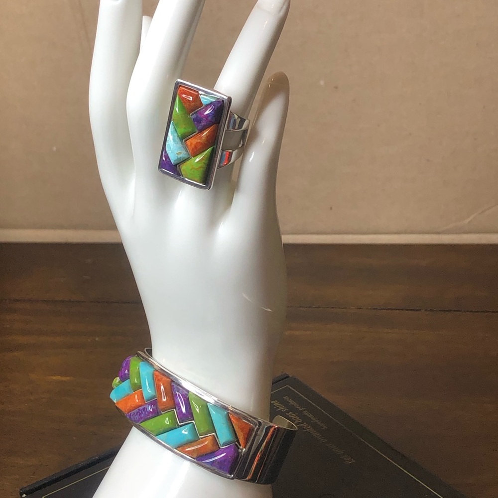 JAY KING Turquoise Coral Green Turquoise Sterling Silver Braided Gem Stone Cuff - Picture 12 of 17